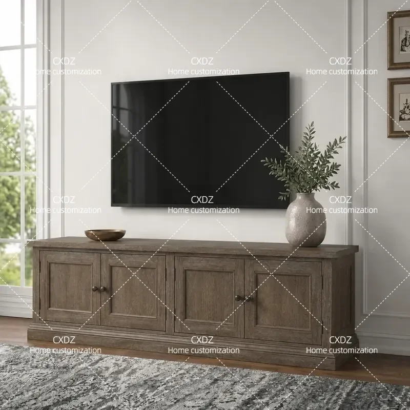 Retro TV Cabinet Living Room Wall Mounted Audio Visual Unit Floor to Ceiling Storage Cupboard for Small Apartment Rural Home