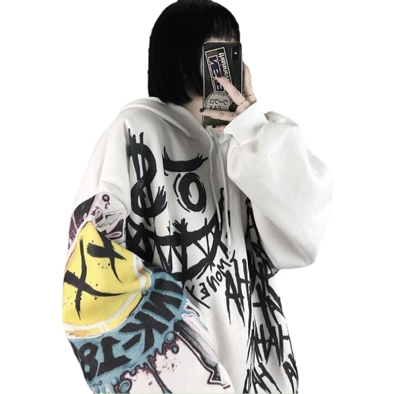 Womens Gothic Punk Face Print Long Sleeve Hoodies Harajuku Hip-Hop Oversized Loose Sweatshirt Streetwear