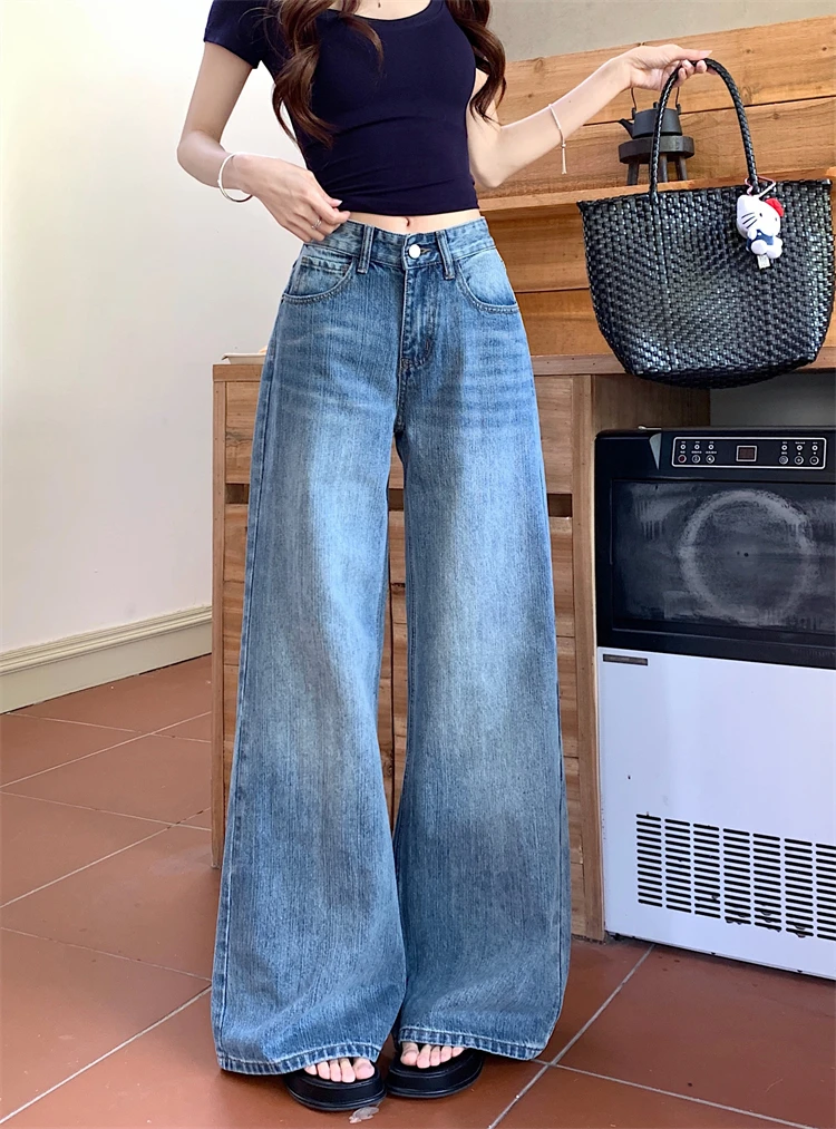 

Retro Style Blue Faded High Waist Jeans Women's Casual Wide Leg Pants Spring Season Versatile Loose Fit Denim Trousers