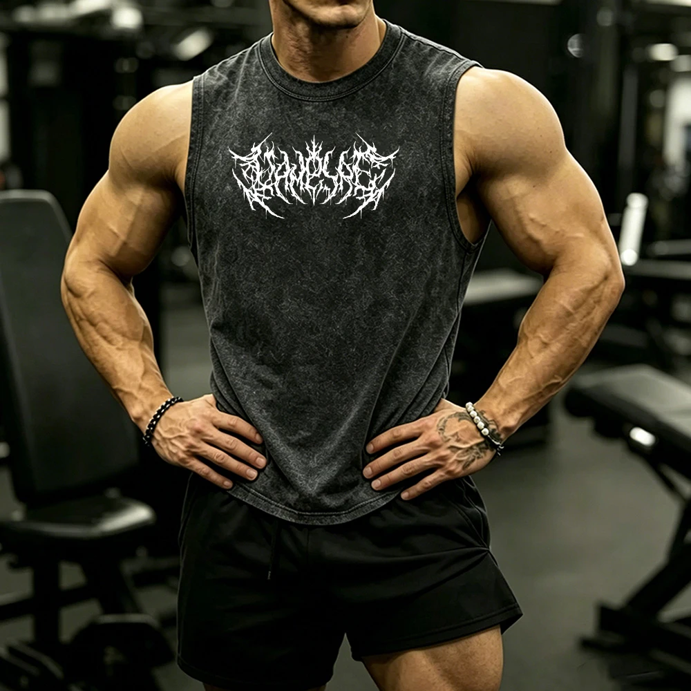 

Summer Retro Y2K Style Washed Sleeveless Tank & Double Layer Compression Liner Pocket Beach Shorts Set Death Metal Letter Print