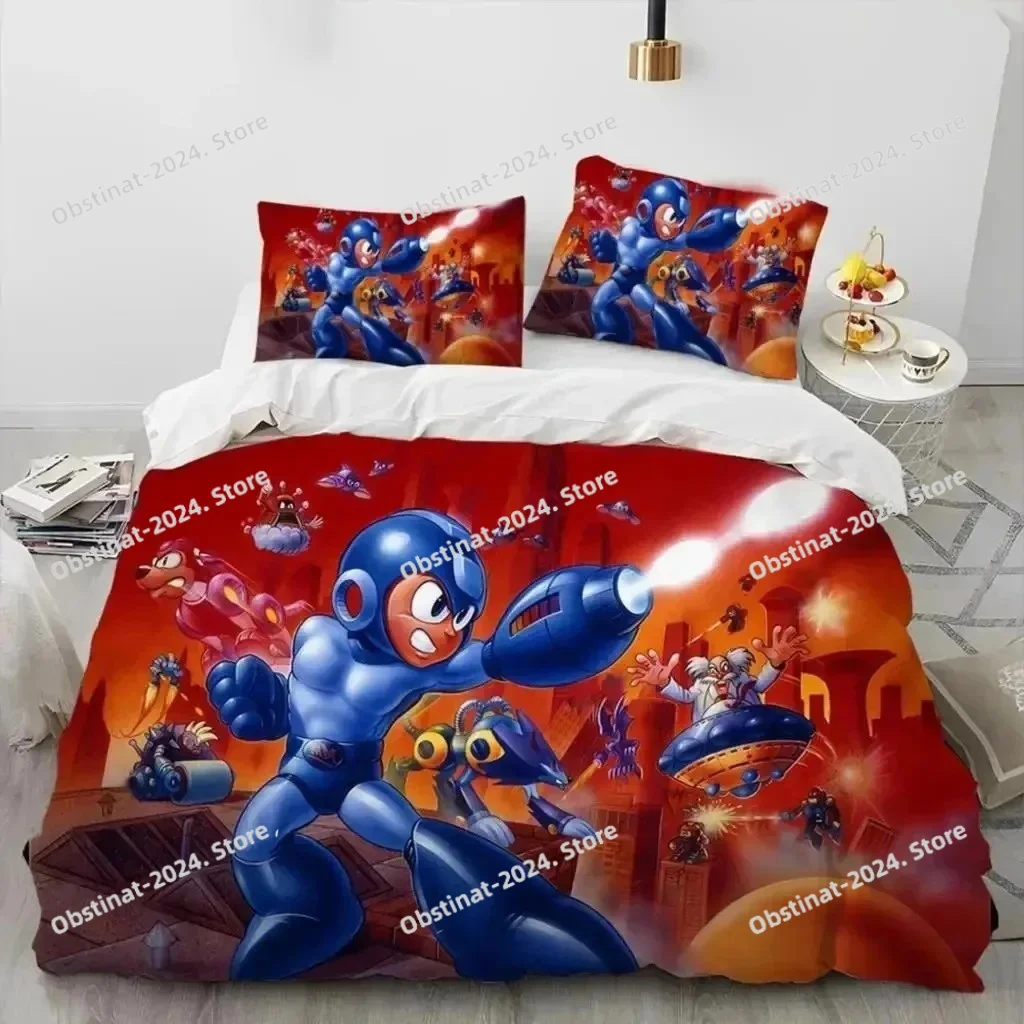 3D Mega Man X Dive Bedding Set,Rock Man Printed Bed Set Duvet Cover Sheet Pillowcase Bed Soft Quilt Cover Full Queen King Size