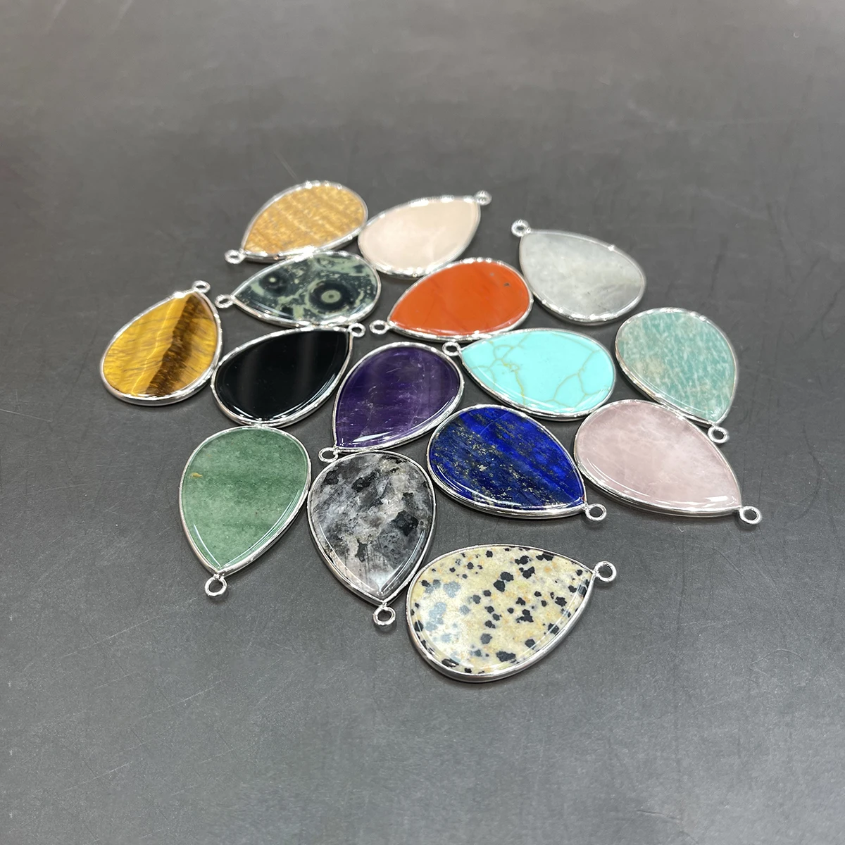 1pc Mixed Natural Stone Teardrop Pendant 26x41mm Silver Color Bezel Single Bail Charm for Handmade Necklace DIY Jewelry Craft