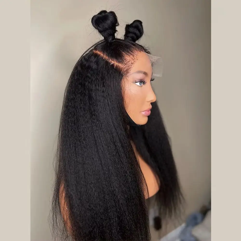 

26-дюймовый длинный яки, мягкий натуральный черный, странный, прямой, плотность 180, парик спереди для женщин с волосами ребенка, предварительно выщипанные, бесклеевые, на каждый день