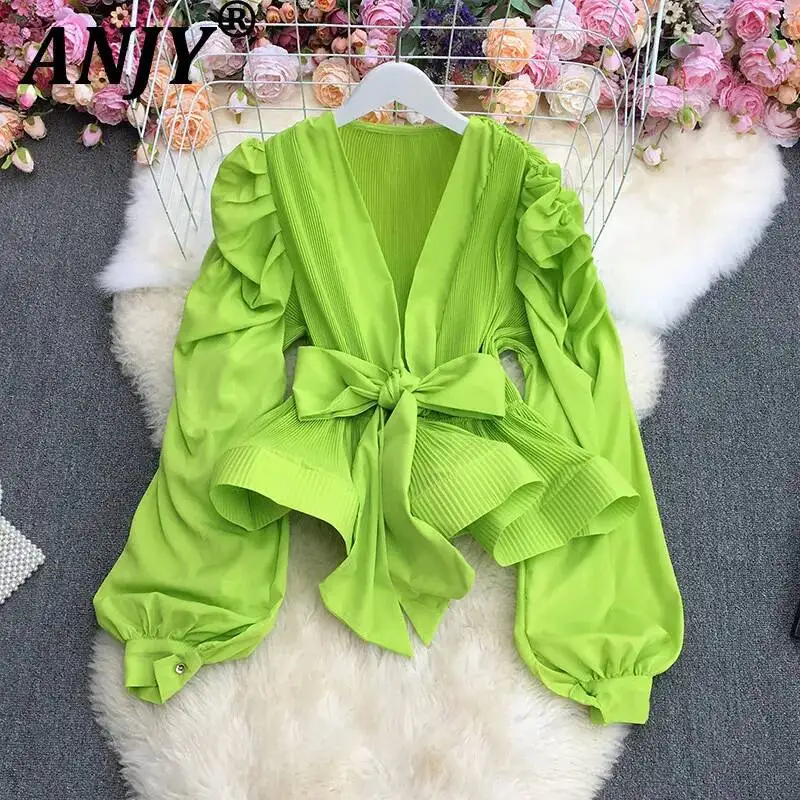 

ANJY Spring Summer New Women Elegant Fashion Lace-Up Solid Color Bow Blouse Stylish Pleated Trendy Puff Sleeve Chic Shirt A23527