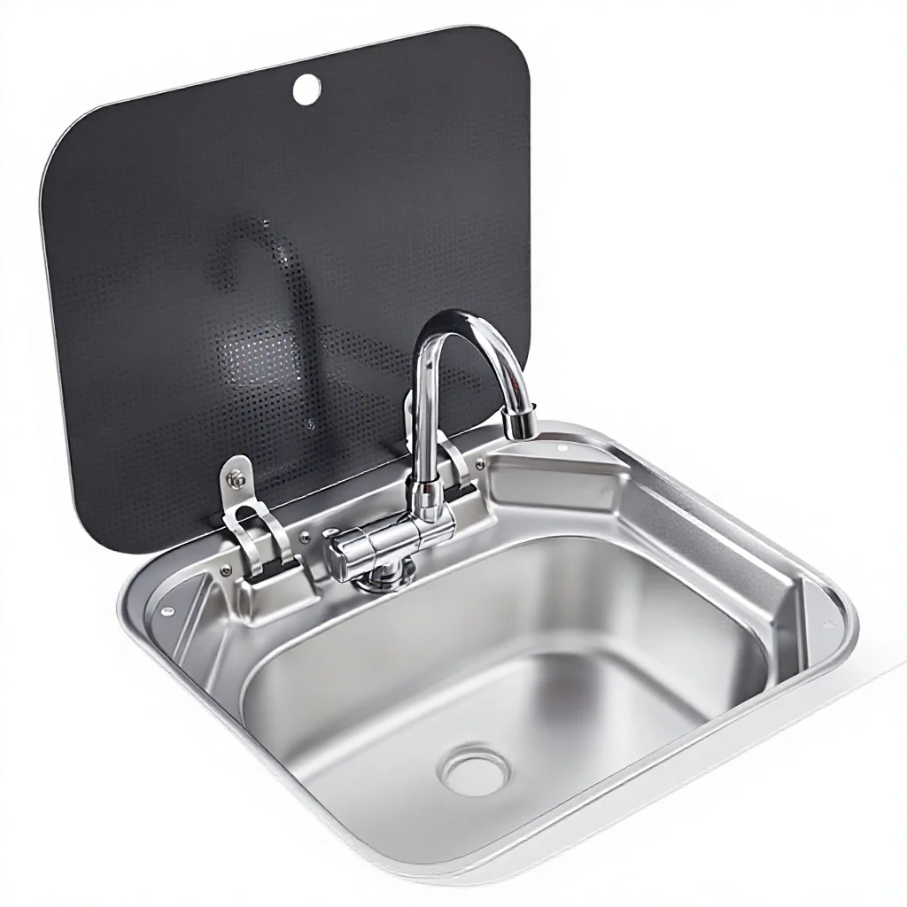 RV Sink Foldable Faucet Lid Square Flip-Top Design 304 Stainless Steel Wash Basin Single Bowl Swivel-Adjustable Deck Mounted