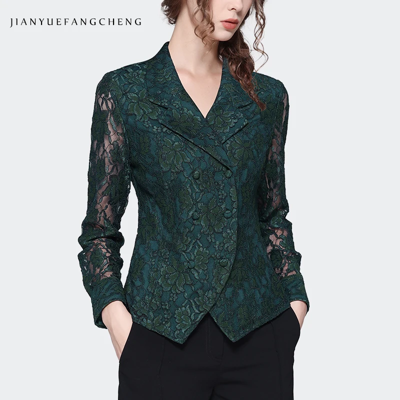 Long Sleeve Green Lace Top Women 2023 Autumn New Elegant Slim Suit Collar Hollow Out Floral Shirts Vintage Casual Blouses