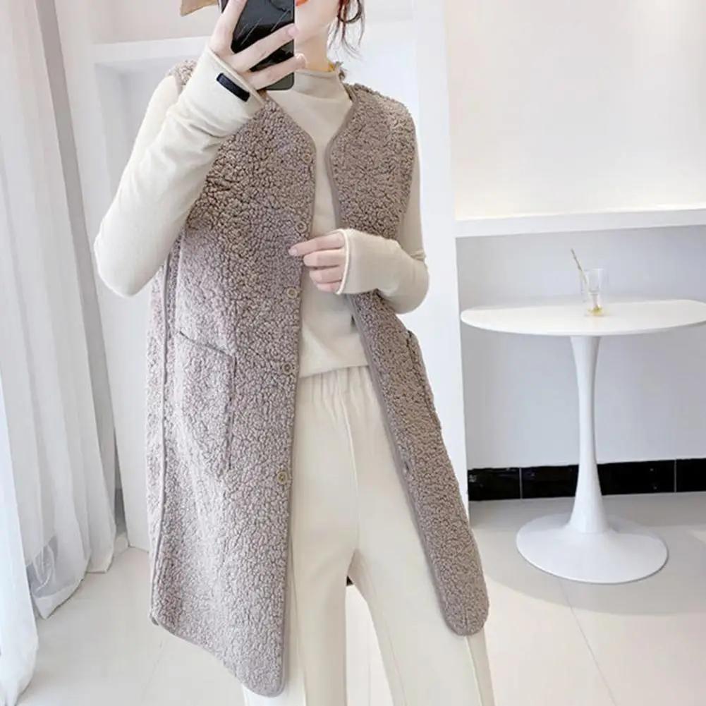 

Mid-length Vest Stylish Sleeveless Women's Vest Coat with Pockets Mid Length Round Neck Cardigan for Fall for Fashionable