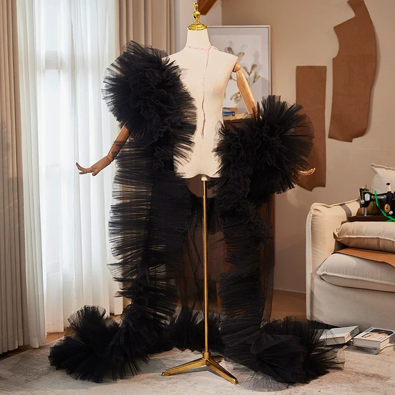 Black Ruffled Tulle Long Trailing Shawl, Exaggerated Shoulder Wrap for Evening Gown Catwalk Annual Party Stage Accessory