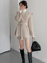 Elegant Autumn Winter Woolen Coat Women's Fashionable Chic Lapel Small Size Waist Cinched Belted Tweed Coat Long Sleeve