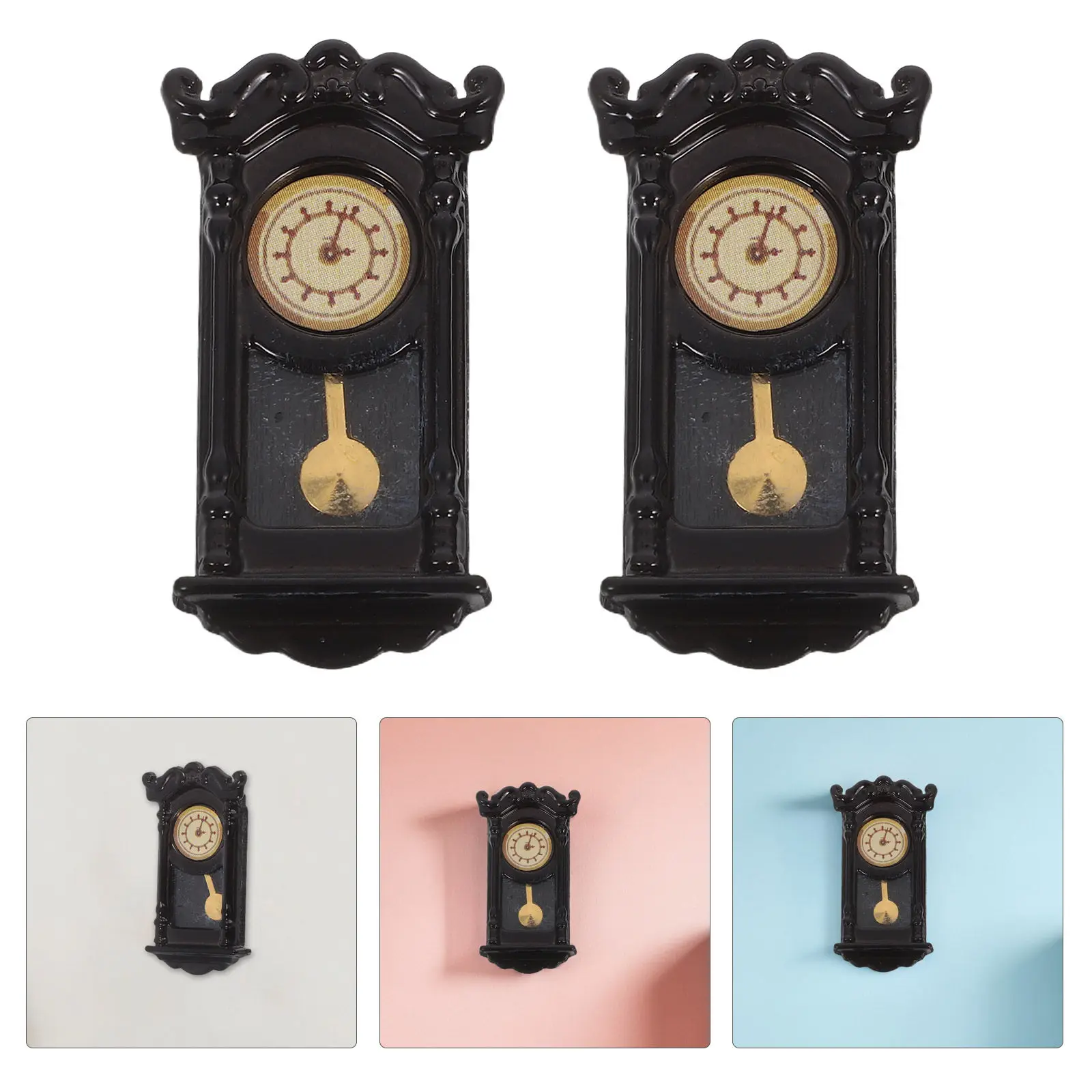 2Pcs Miniature Dollhouse Clock Vintage Style Plastic Wall Clock with Realistic Pendulum Movement for Dollhouse Decor Mini