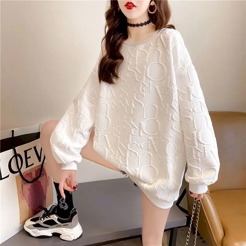 Spring Autumn Pullovers Women Fashion Casual Long Sleeve T-shirt Thickened Pullover Women\'s Top Large Size Loose Letter Tshirts