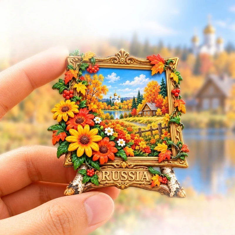 Russia Fridge Magnet: Autumn Countryside with Wooden Cabin in 3D A Souvenir of Rural Charm & Forest Blooms, Unique Gift