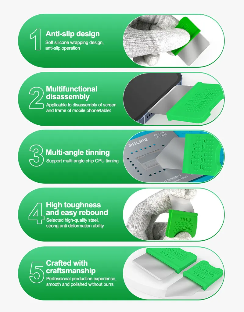 RELIFE TD1-A TD1-B Bildschirmrahmen-Demontageklingen-Set für Handy, Tablet, keine Verformung, rutschfestes Chip-CPU-Verzinnungswerkzeug – Detail 4