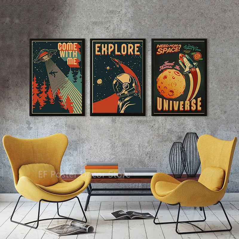 Buy Three Get Four Space Travel Poster Explore Planet Vintage Home Room Decor Retro Painting Spaceship Prints Art Wall Picture