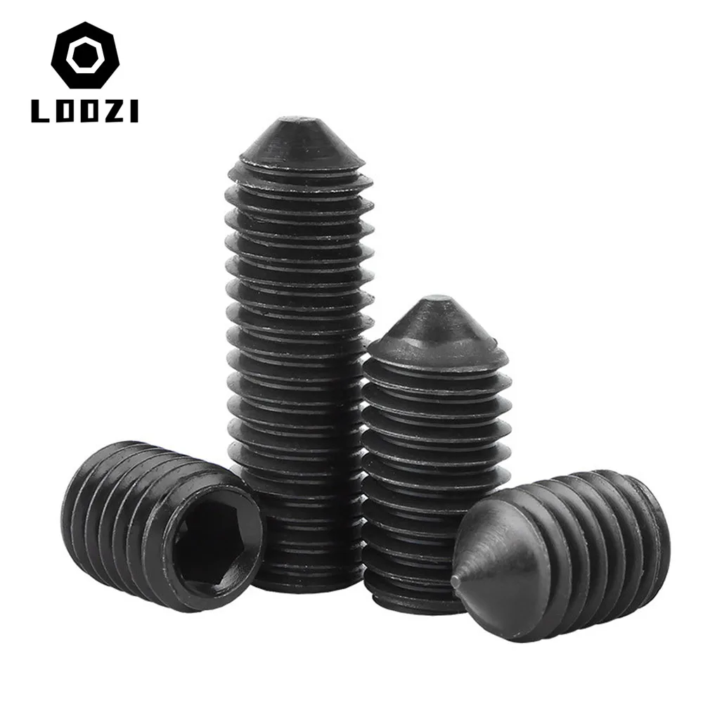 Grade12.9 Sechskant-Innensechskant-Gewindestift aus schwarzem Kohlenstoffstahl mit konischem Punkt, M2, M2,5, M3, M4, M5, M6, M8, M10, Innensechskantschraube mit konischem Ende – Detail 5
