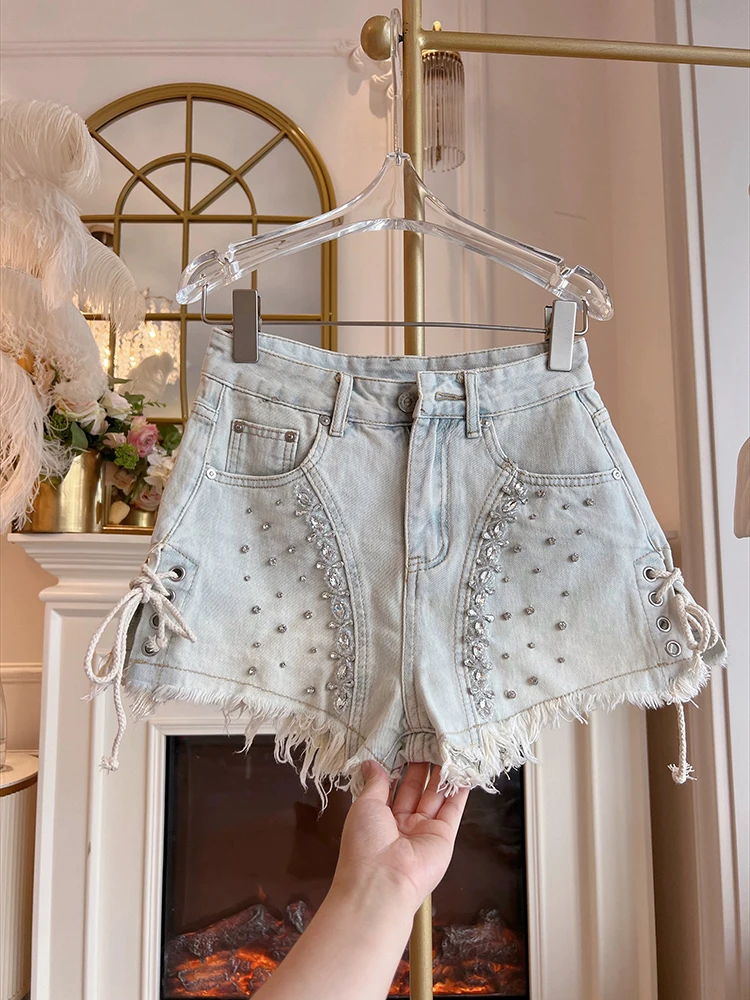 

2025 Summer new heavy industry diamond studded split tassel high waist slimming jeans shorts hot pants for women