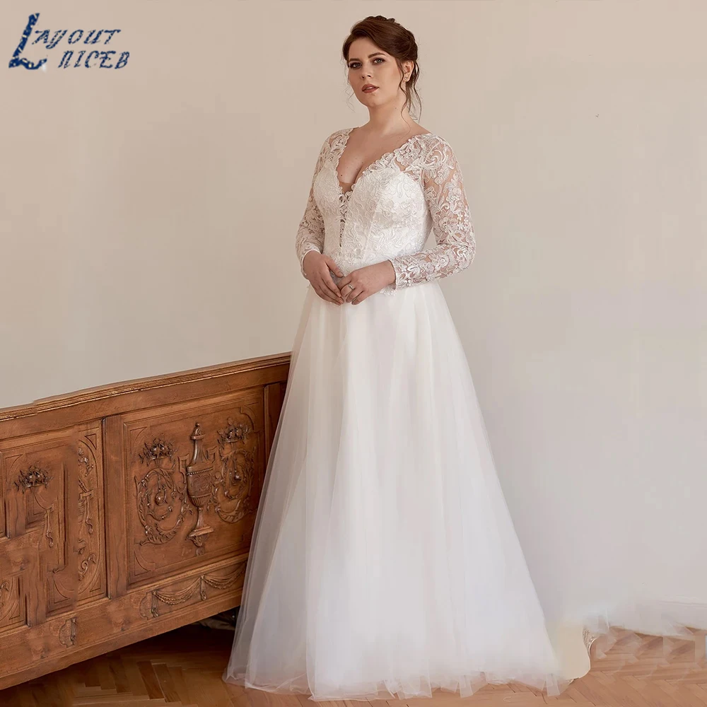 LAYOUT NICEB Romantic Plus Size V-Neck Wedding Dresses 2024 Classic Lace Appliques Bride Gowns A-Line Robe De Mariée Custom Made