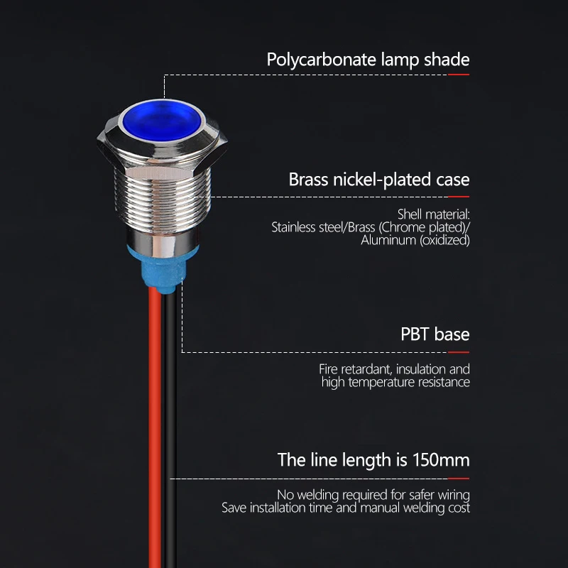 6 мм-12 мм Φ Водонепроницаемая сигнальная лампа с проводом 12V 24V 110V 220V красная/желтая/синяя/зеленая металлическая кнопка