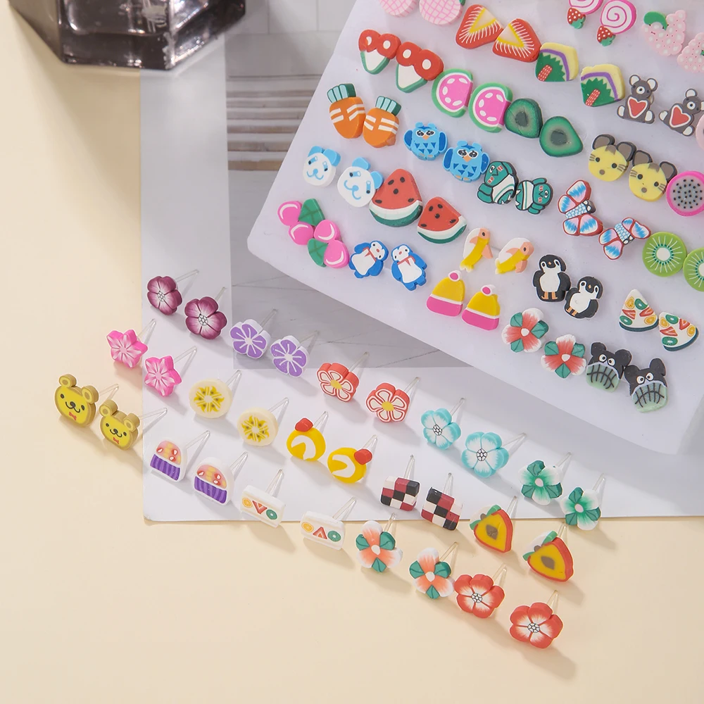 50 Pairs/Sets Women's Plastic Earrings Colorful Animals Fruit Hypoallergenic Earrings Jewelry Child Earrings Fashion Girl Gift