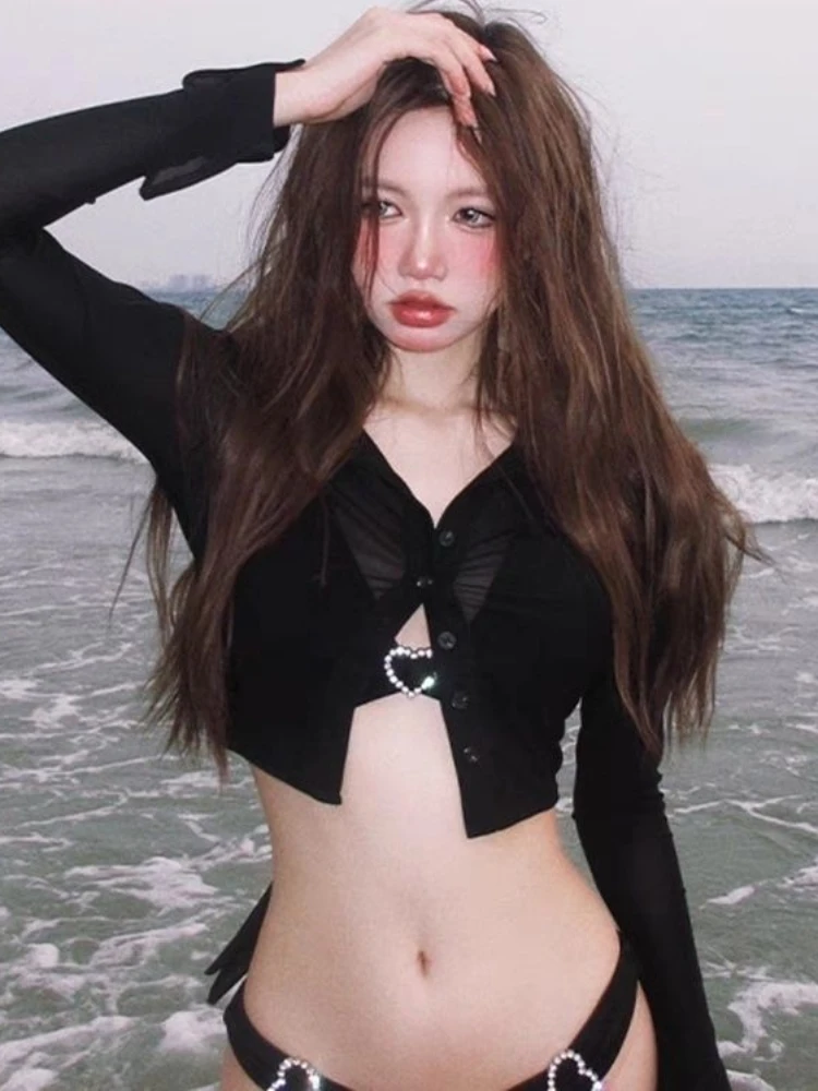 Summer American hot girl sexy bikini three piece set Y2K Harajuku punk vacation style trendy women's bikini set millennium style