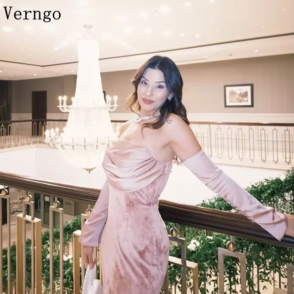Verngo Rose Pink Velvet Elegant Evening Dress Strapless Mermaid Formal Occasion Dress Arabia Prom Party Gowns Customized