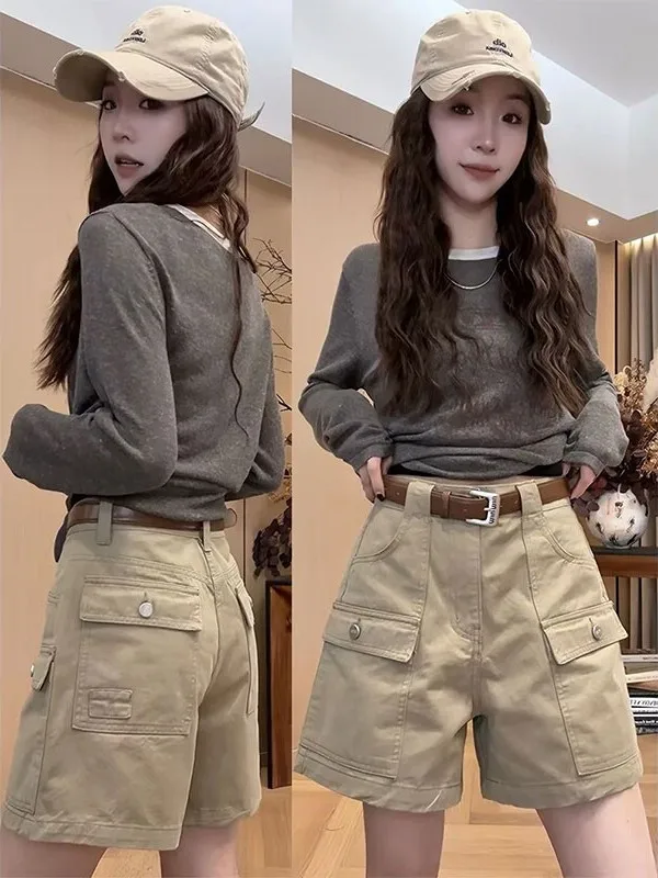 American Streetwear Workwear Shorts Women's Summer 2026 New Multi-Pocket Slimming plus Size Straight Leg Pants