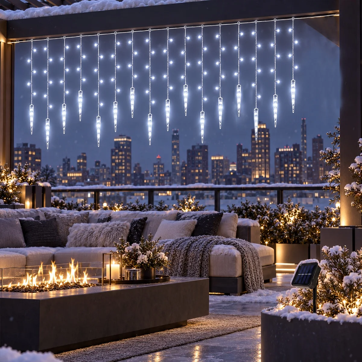 1pc Solar Christmas 96 LED Icicle Lights Curtain String Lights with Ice Drop 8 Modes For Indoor Outdoor Xmas Holiday Party Decor