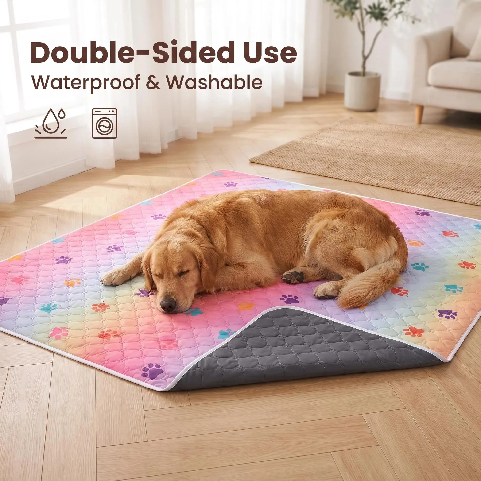 Reversible Rainbow Pet Mattress, Stain Resistant Washable PU Foam Mat, Easy Clean Crate Cushion for Dogs & Cats