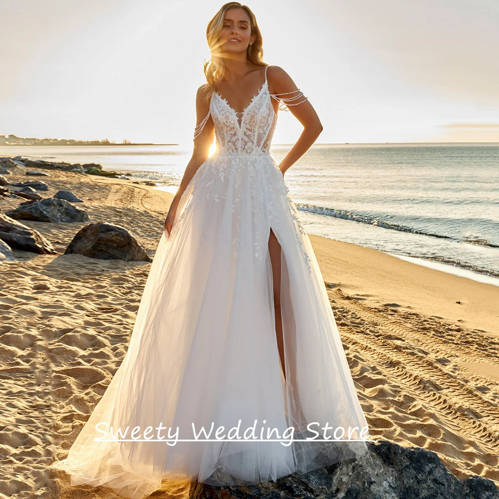 

Sexy Boho Wedding Dresses Beach Customized V Neck Spaghetti Straps See Through Applique High Slit A Line Bridal Gown