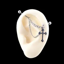 1PC Stainless Steel Floating Industrial Double Chain Helix Piercing Cross Dangle Industrial Piercing Barbell  Body Piercing