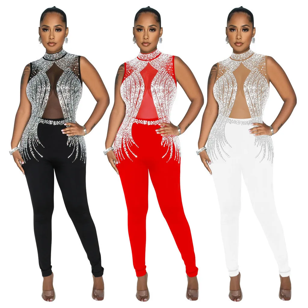 

Fashion Women Elegant Sleeveless Rhinestones Long Jumpsuit Party Playsuit