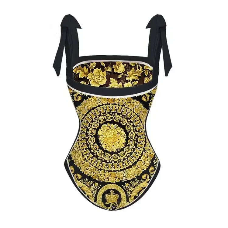 Retro preto ouro cor combinando impresso maiô de uma peça sexy praia maiô moda cinta cover-up blusa pré-venda novo 2023