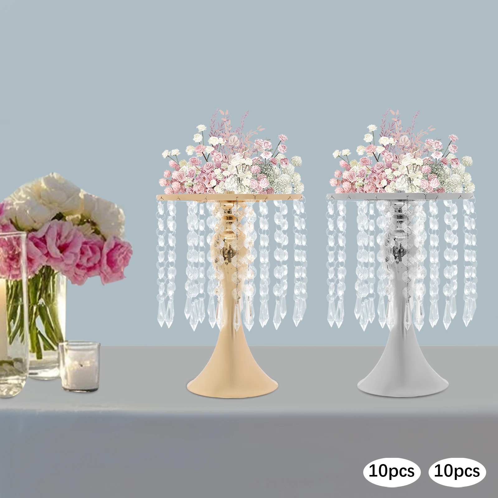 

10PCS 26cm Gold/Silver Crystal Flower Stands,Top 20cm Base 13cm Iron Round Flower Stand, Tabletop for Gardens,Balconies