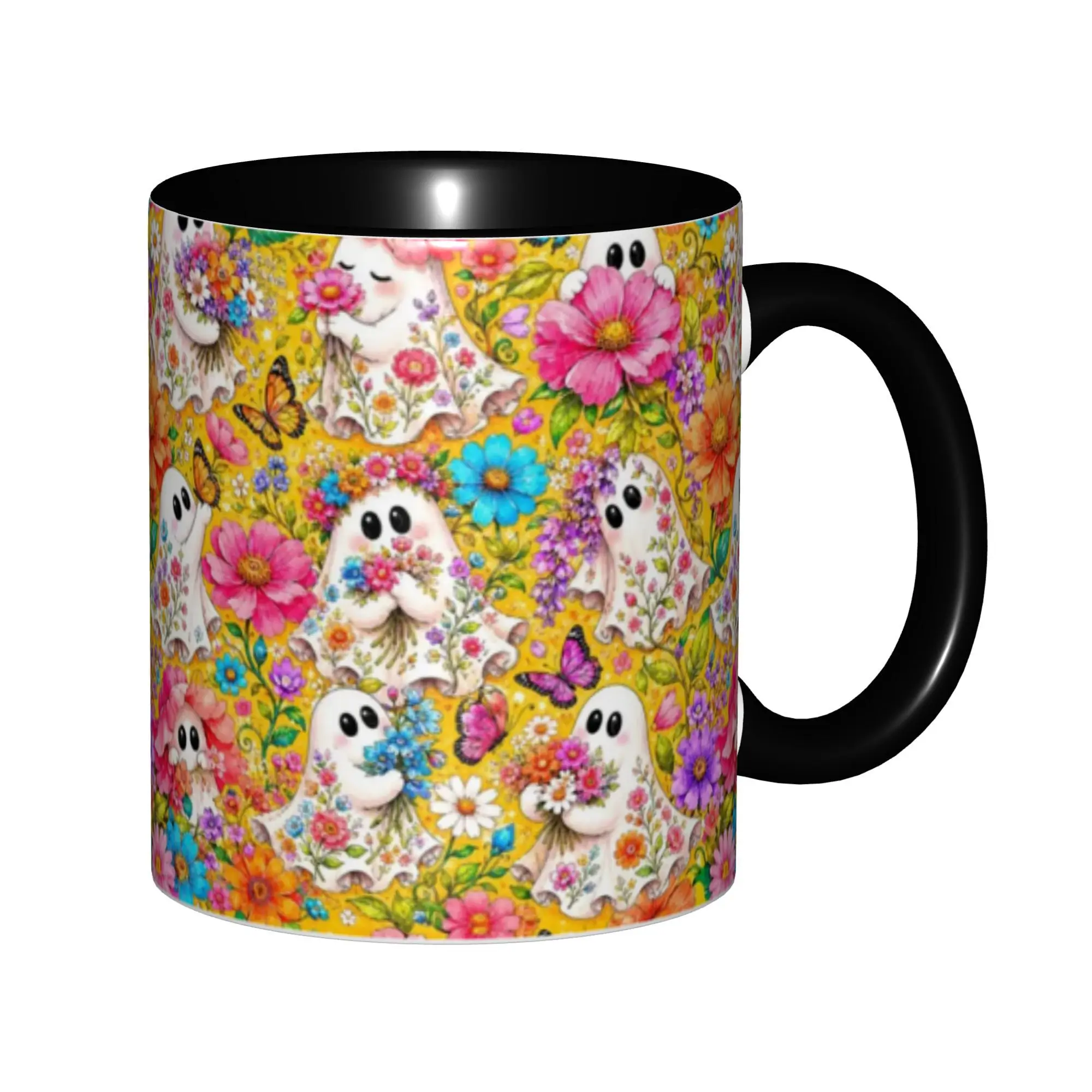 1pc Cute Ghosts & Floral Coffee Mug with Rim Suitable for Halloween, Christmas, Valentine' Gift - Porcelain Cup, for Tea/Coffee, Suitable for Birthdays, Thanksgiving, for or for Sharing
