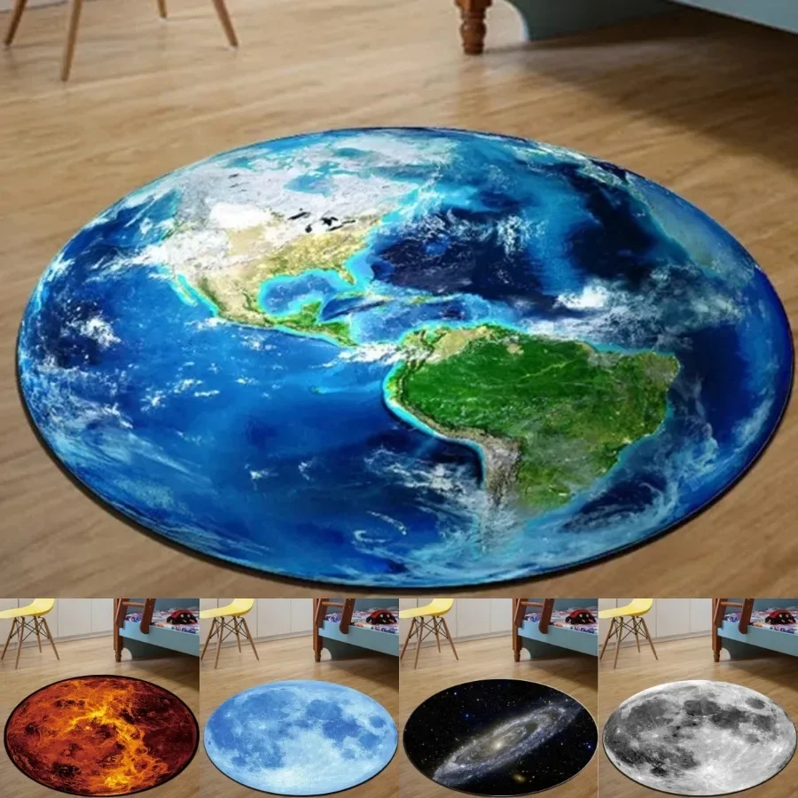 Celestial Round Floor Mat Featuring Earth Moon and Mars  Anti-Slip Carpet for Bedroom Computer Chair Unique Rug for Home Decor