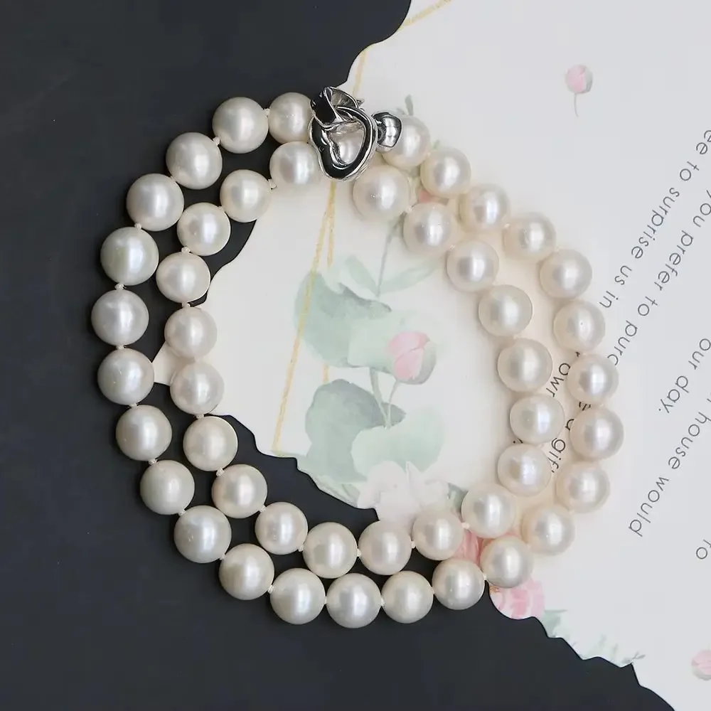 Exquisite Natural Baroque Round White Pearl Straight Hole Heart-shaped Clasp Necklace Jewelry Accessory Fashionable Elegant Gift