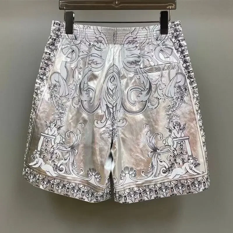 Summer New Style Men\'s Beach Pants, Metal Silver Fashion Pattern Printing, Elastic Casual Shorts Quick-dry Straight Pants