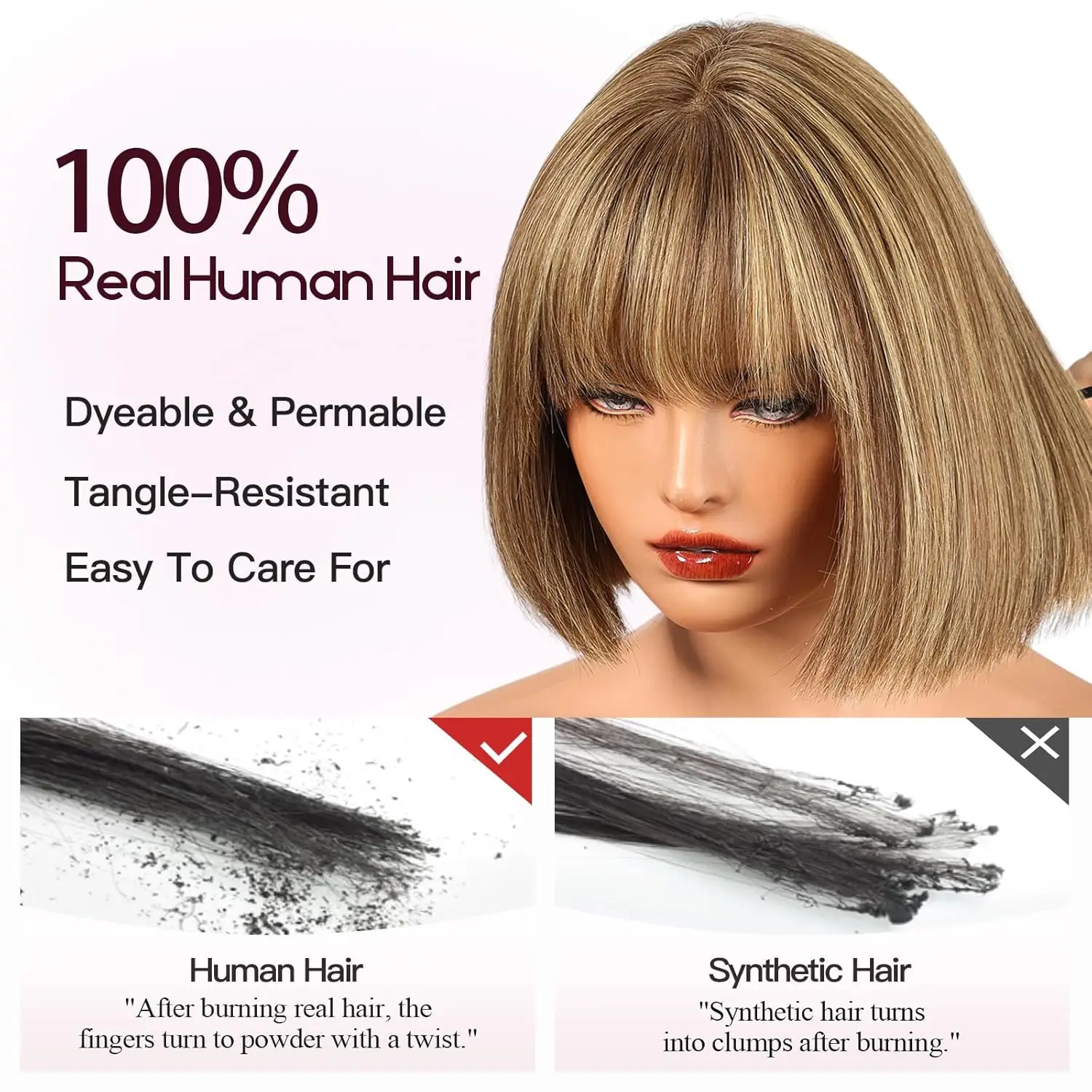 Brown Highlight Golden Real Human Hair Wigs for Women with Bangs 10inch Straight Bob Natural Soft 100% Human Hair Wig Daily Wear