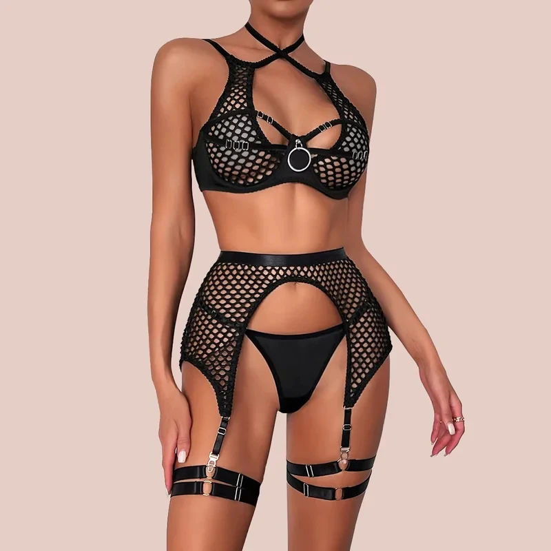 Women Sexy Fishnet Lingerie Hollow Out Sheer Mesh Underwear Bras Exotic Sheer Lingerie Outfit Thong Bra Garter 3pcs Sets