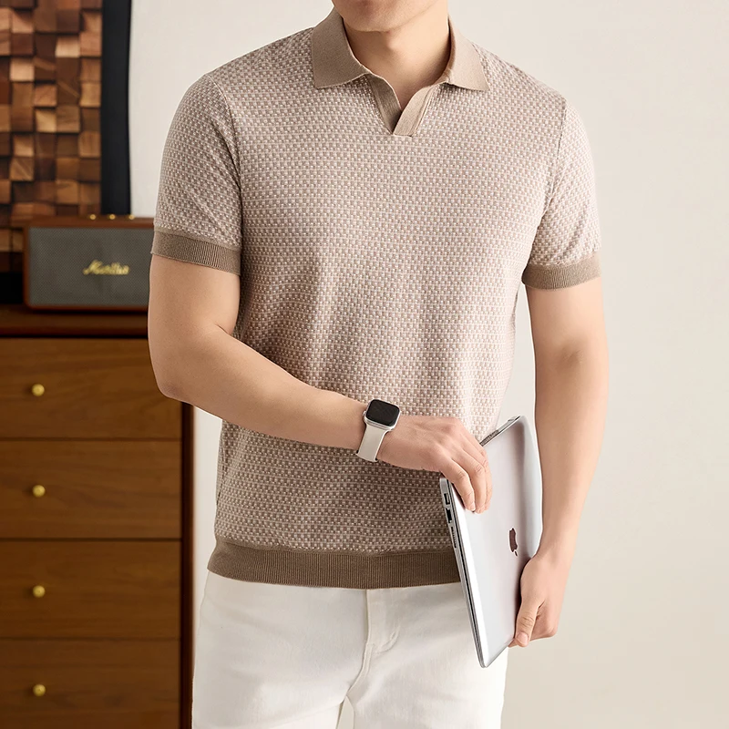 Fashion Knitted Men's Short Sleeve Polo Shirt New Luxury Comfort Breathable Personality High-Quality Checkered Printed T-Shirt
