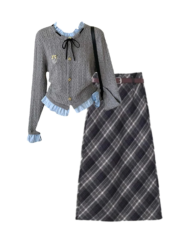 

Gray Knitted Open Cardigan High Waist Plaid Skirt Women's Winter Fashion Set College Style Two-Piece Ensemble