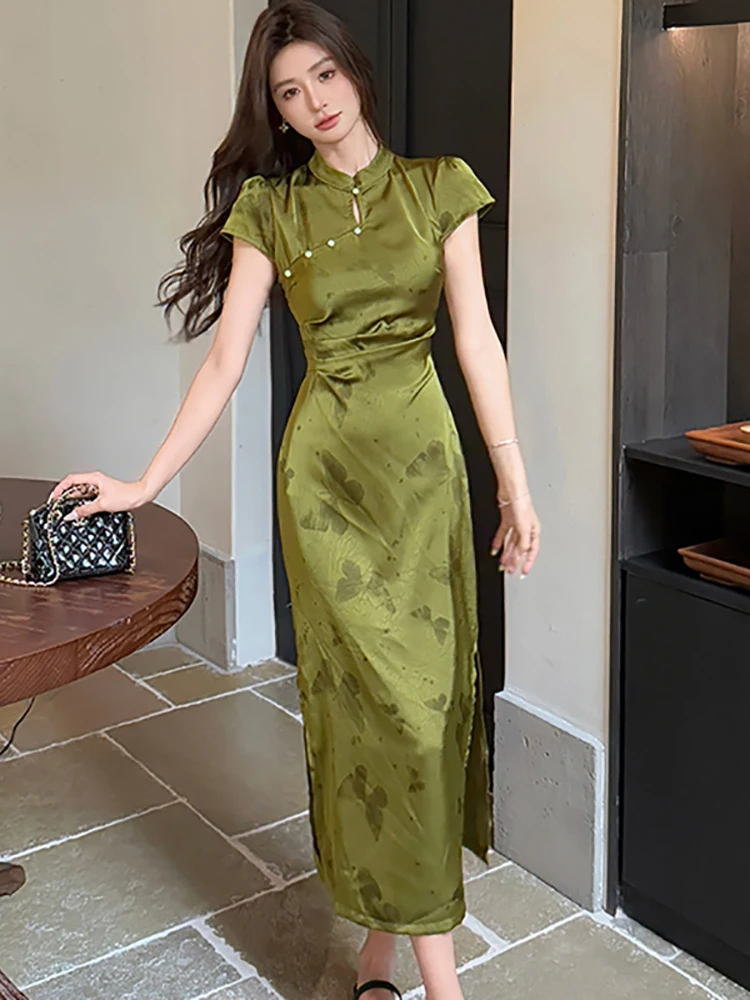 Verão verde impressão cetim gola cheongsam vestido feminino elegante vestido longo de luxo 2025 coreano vintage bodycon vestido de noite