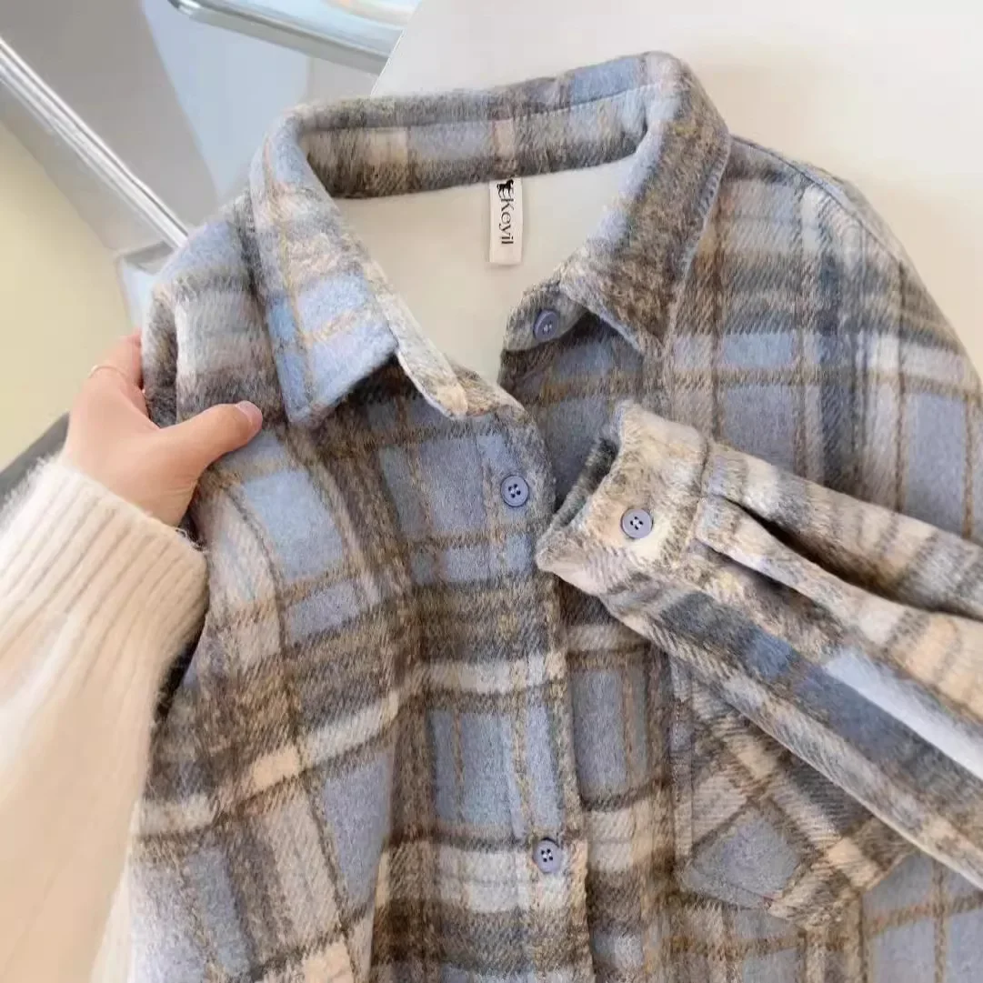 الرجعية الأمريكية النبيذ الأحمر نحى منقوشة قميص سترة المرأة الخريف الشتاء فضفاضة تنوعا منتصف طول زر متابعة أعلى