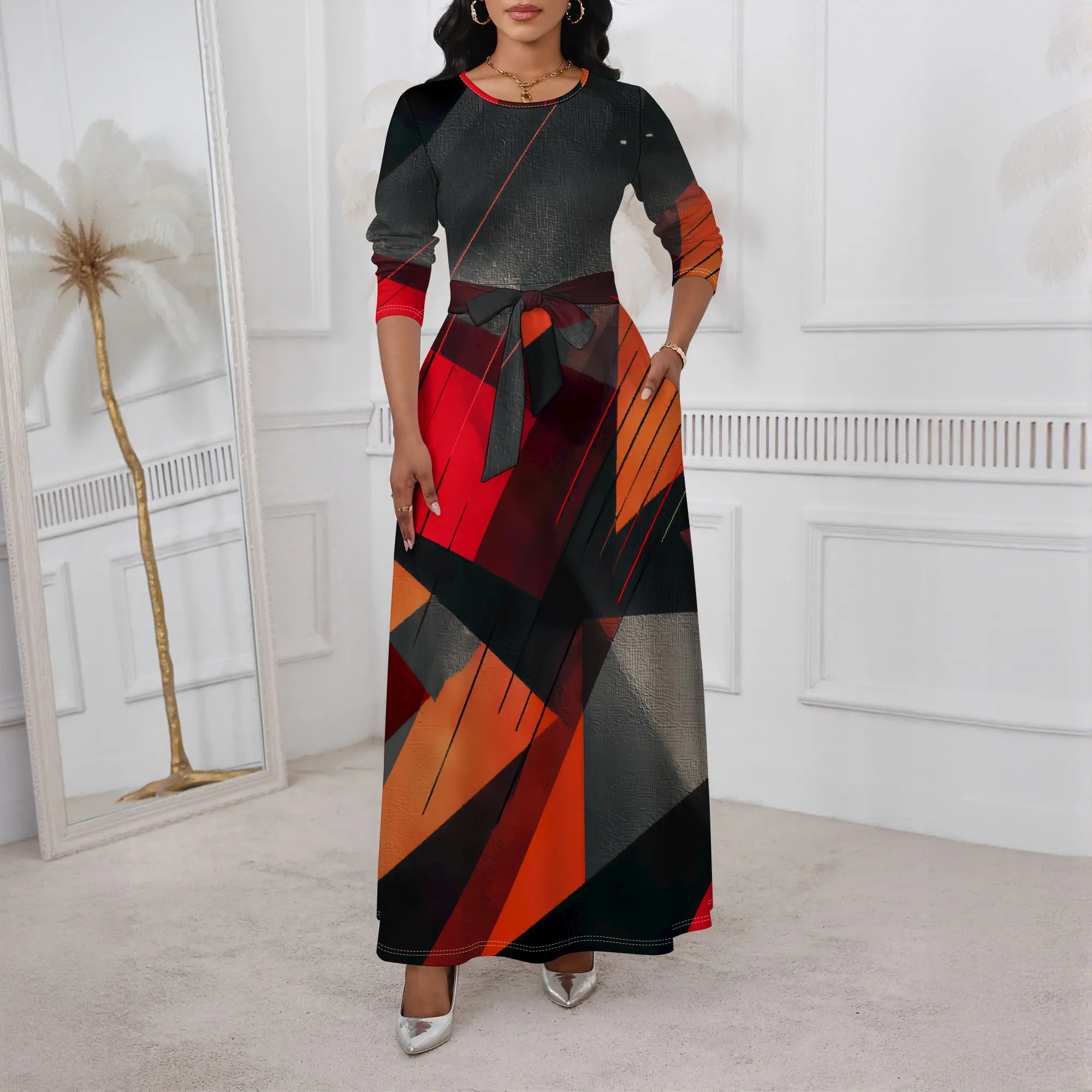 

Bold Geometric Maxi Belted Dress XS-3XL Long Sleeve Style for Art Festival, Street Fashion Show or Creative Evening Look