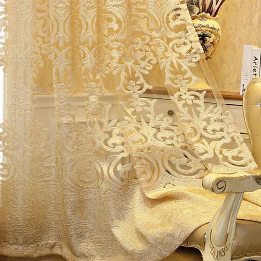 

Light Golden Wire Jacquard Hollow Tulle Curtain for Living Room European Luxury Retro Palace Elgent Fabric Windows Voile Drapes