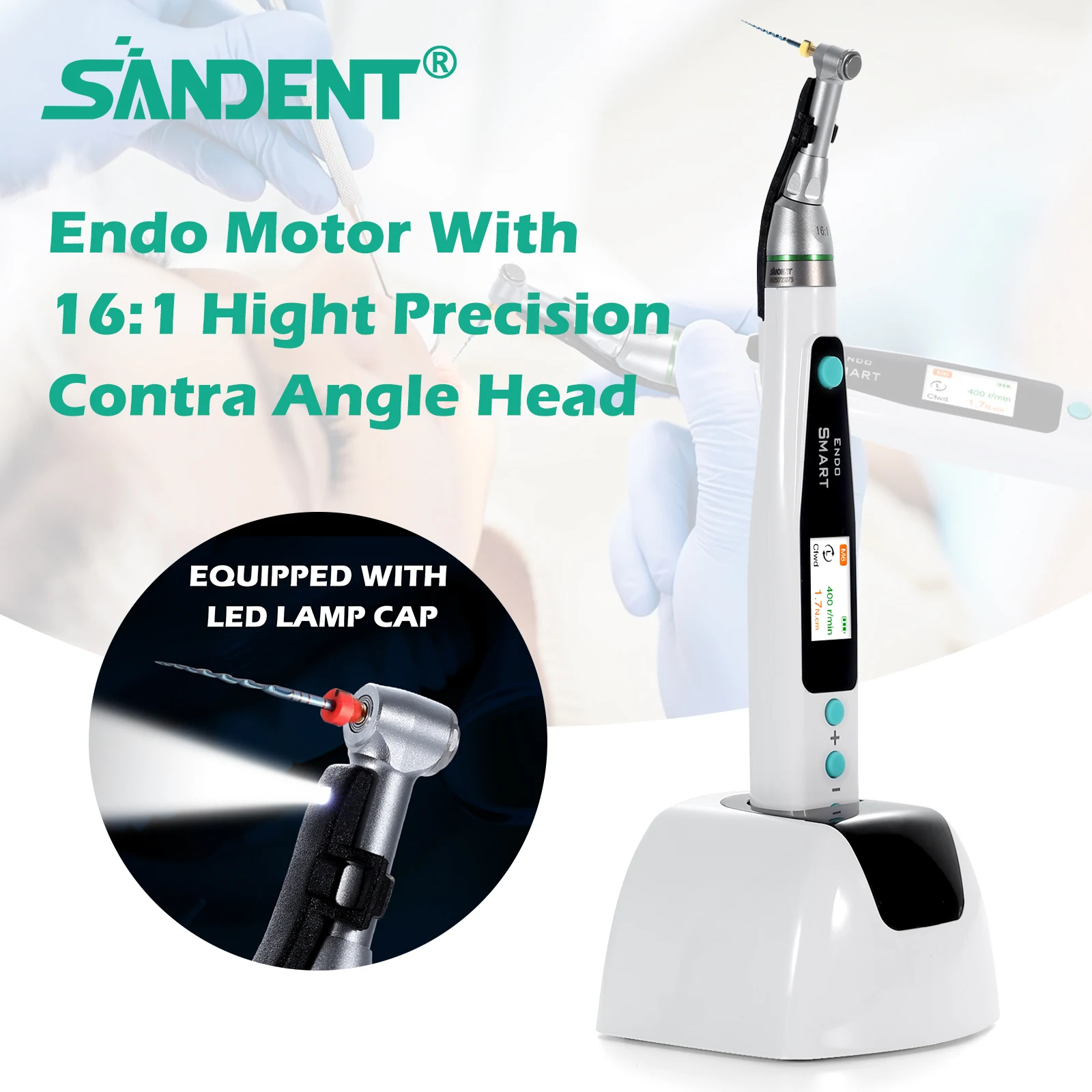 

SANDENT Dental Wireless LED Endo Motor 16:1 Reciprocating Contra Angle Root Canal Treatment