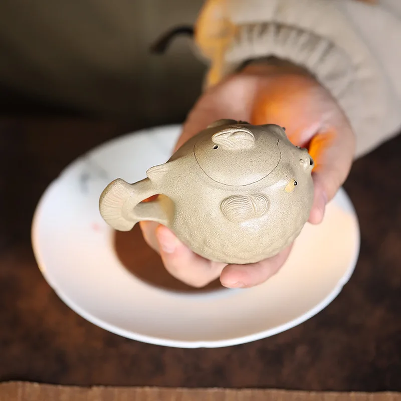 Yixing Pure Handmade Bionic Yellow Dragon Mountain Original Mine Section Purple Clay Teapot River Dolphin Brewing Pot Set Tea