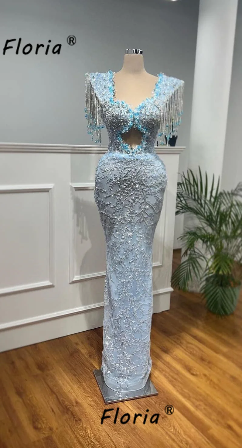 

Голубые вечерние платья из бисера с короткими рукавами и кристаллами, кисточками, платье русалки для выпускного вечера, элегантное платье на заказ