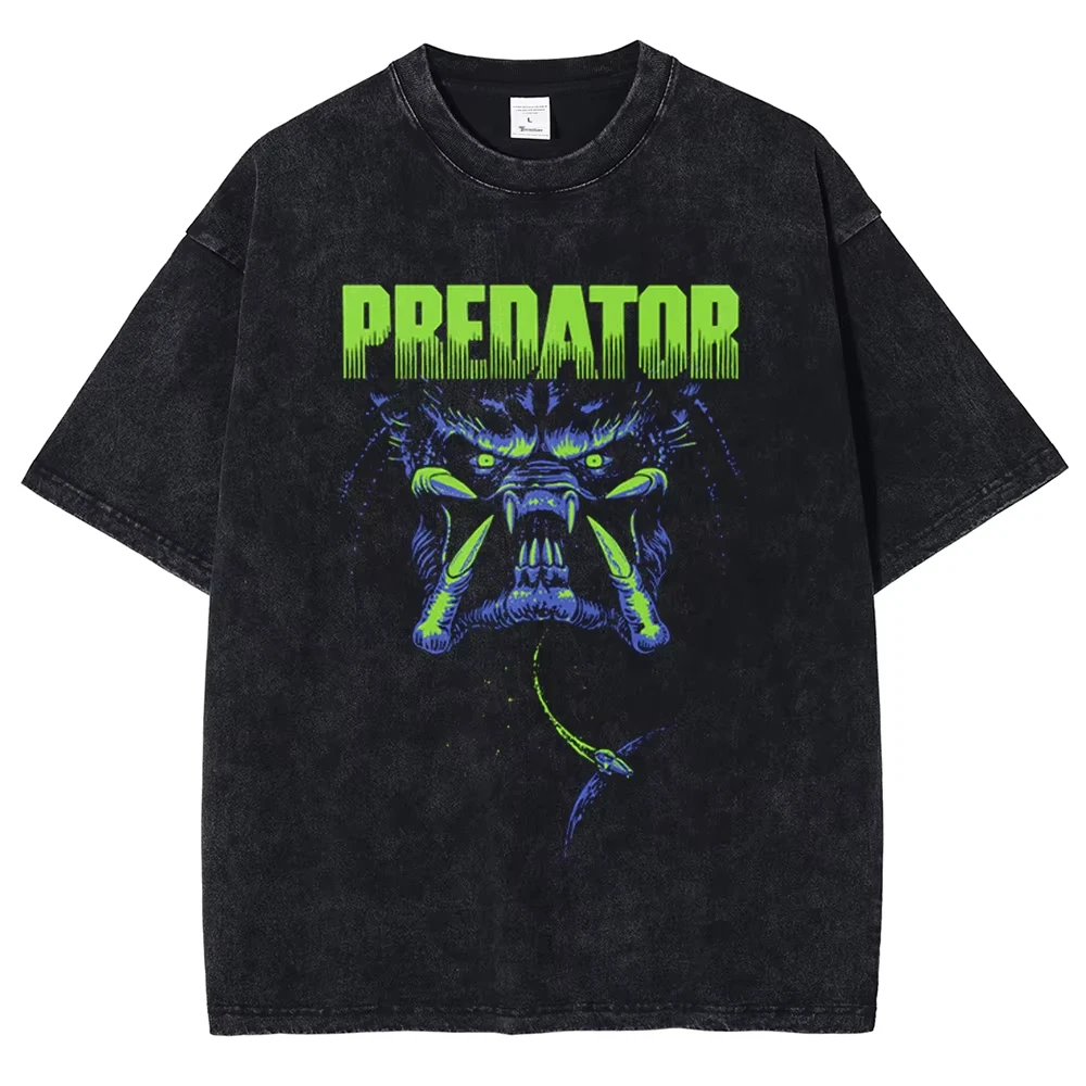 

2025 Men's T-shirt Predator Pattern DTG Printed Shirt Short Sleeved Retro Summer Washed Cotton Punk Unisex Harajuku Top