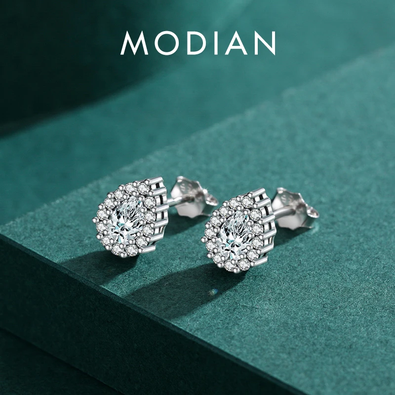 MODIAN prawdziwe 925 Sterling Silver luksusowe stadniny kolczyki dla kobiet kropla wody Sparkle cyrkon Ear Stud biżuteria zaręczynowa ślubna